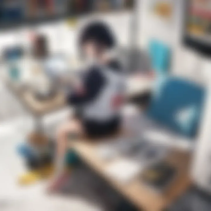 A creative workspace with anime sketches and digital tools