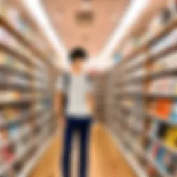 A cozy manga bookstore filled with shelves of colorful manga volumes