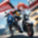 Energetic protagonist riding a sleek motorcycle