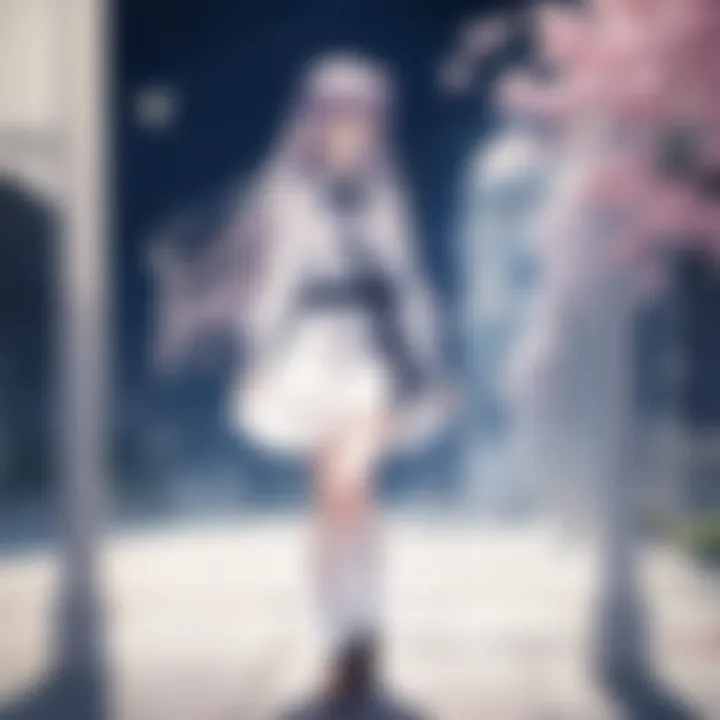 Enigmatic figure gazing into the distance with blossoms falling around