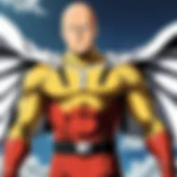 A striking visual of Saitama in action, showcasing his unmatched strength.