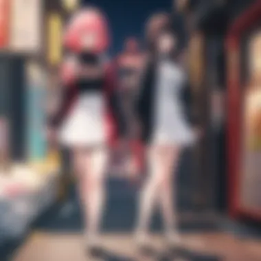 Neon Romance in Anime A futuristic cityscape backdrop with two female characters sharing a tender moment under neon lights