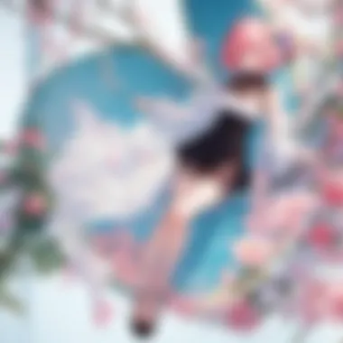 Enchantment of Floral Love A mystical garden setting with ethereal female characters floating gracefully amidst blooming flowers