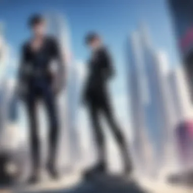 Intriguing visual of a futuristic cityscape with LGBTQ+ characters navigating complex relationships in a thought-provoking gay anime book