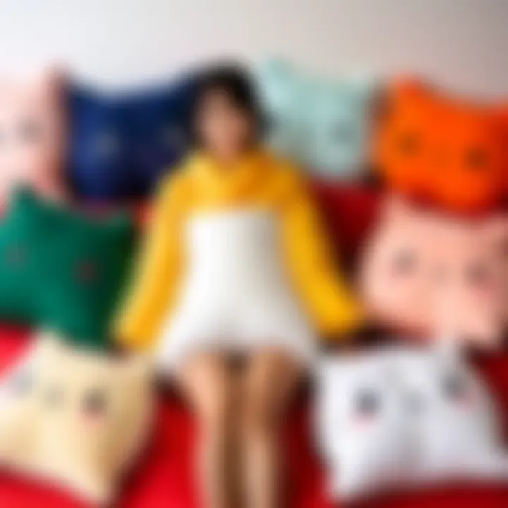 Display of a collection of Mai Sakurajima body pillows in a cozy bedroom setting