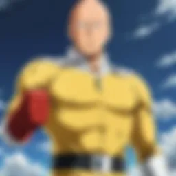 A dynamic scene showcasing Saitama's iconic expression