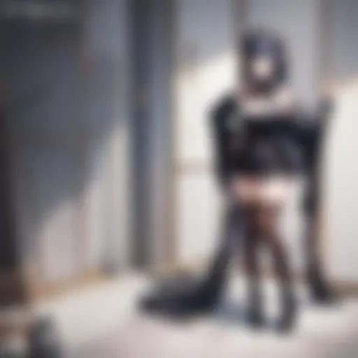 A close-up of intricately designed stockings worn by an anime character