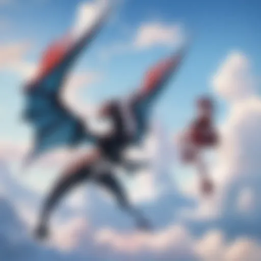 An intricately designed dragon soaring through a vibrant sky