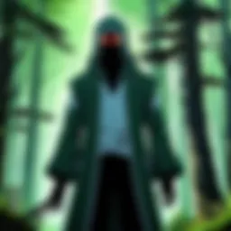 A mystical ghostly figure in a dark, ethereal forest