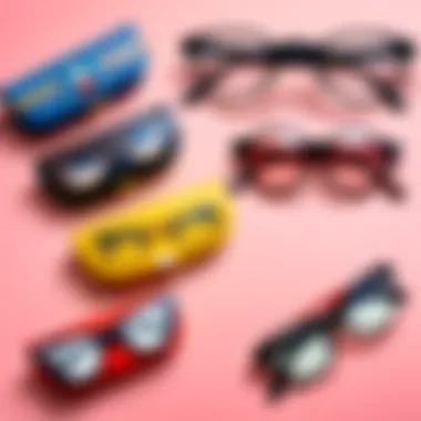 Display of various anime eyeglass cases reflecting diverse styles