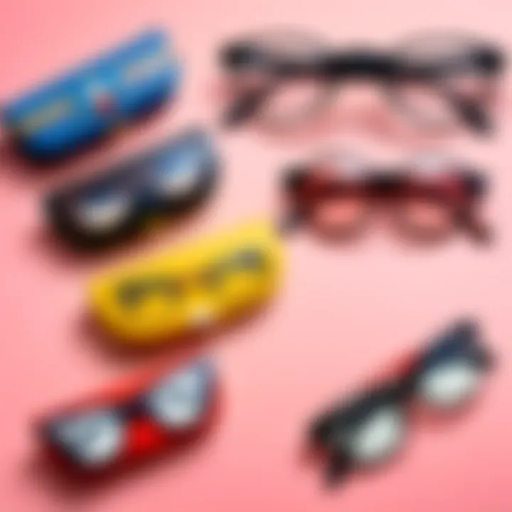 Display of various anime eyeglass cases reflecting diverse styles