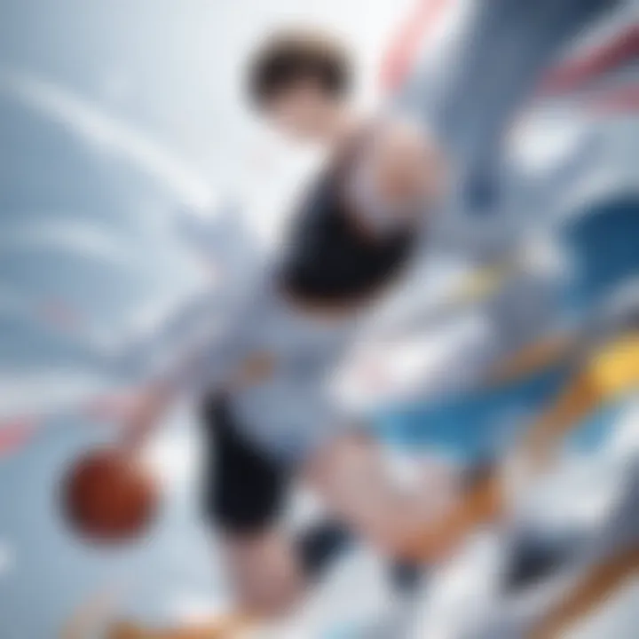 Dynamic basketball action featuring Kuroko and his teammates on the court.