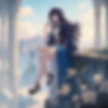 A character in a flowing gown standing atop a cliff under the night sky