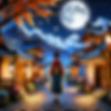 A whimsical village illuminated by the soft glow of lanterns