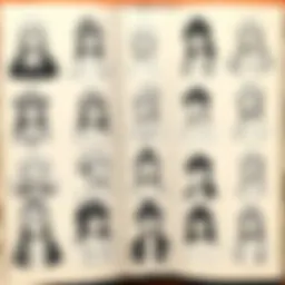 An open anime sketchbook showcasing various character designs.