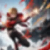 Katsuki Bakugo in a fierce battle stance showcasing his explosive powers.