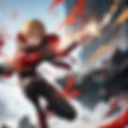 Katsuki Bakugo in a fierce battle stance showcasing his explosive powers.
