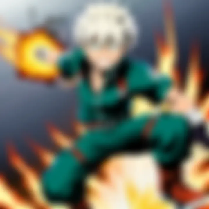 A detailed illustration of Bakugo's explosive quirk in action.