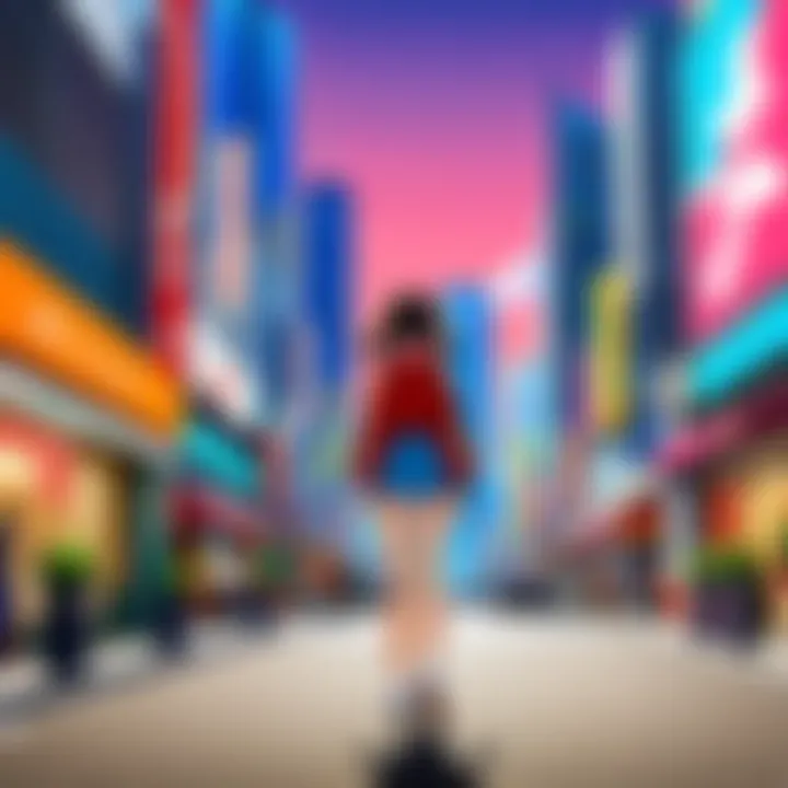 A vibrant depiction of a bustling anime cityscape at dusk.