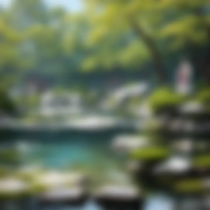 Illustration depicting a serene Japanese garden with anime characters in contemplative poses