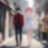 A romantic scene between two characters set against a vibrant cityscape