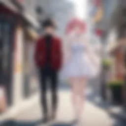 A romantic scene between two characters set against a vibrant cityscape