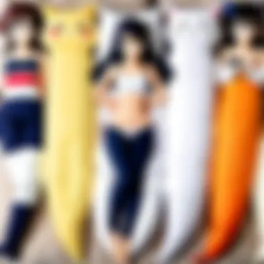 Variety of anime body pillows displayed on a vibrant background